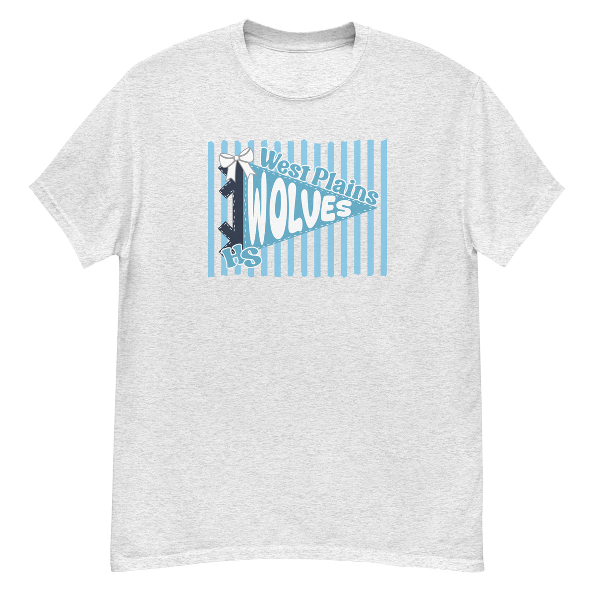 West Plains High School Wolves Tee - pennant-style "West Plains" wordmark design - Ash front flat