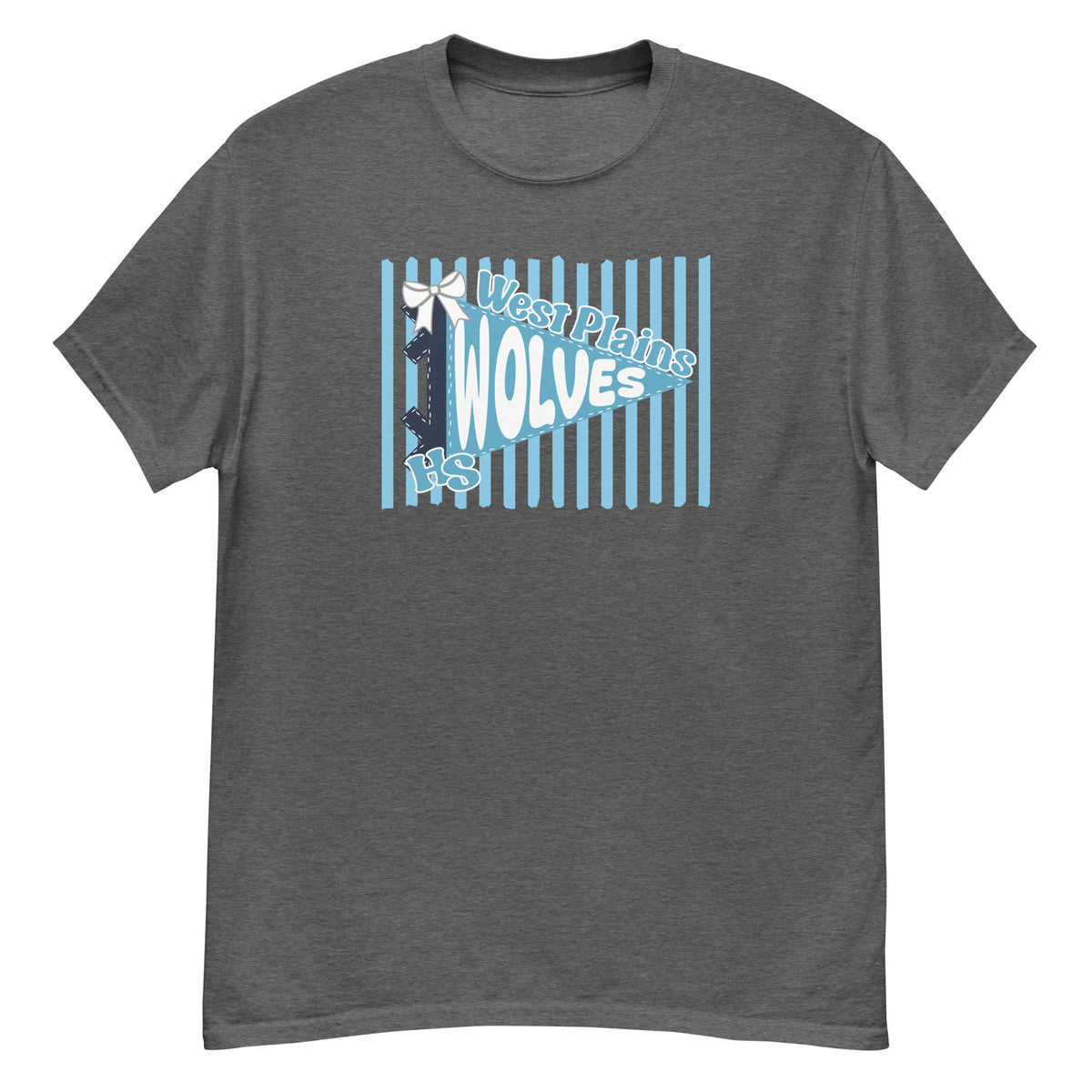 West Plains High School Wolves Tee - pennant-style "West Plains" wordmark design - Dark Heather Blue front flat