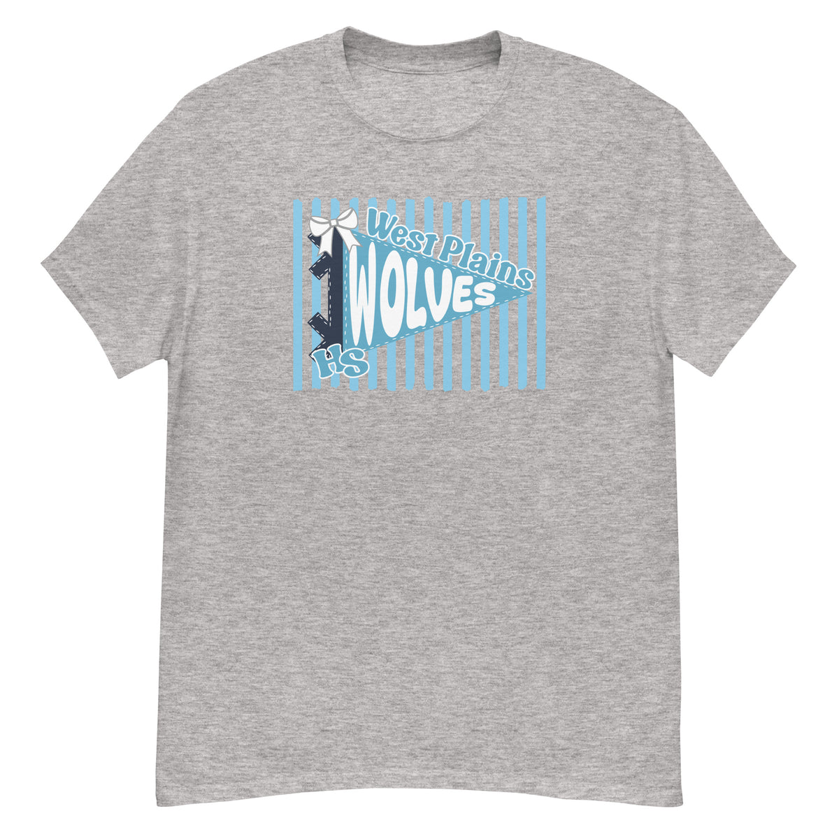 West Plains High School Wolves Tee - pennant-style "West Plains" wordmark design - Sport Grey front flat