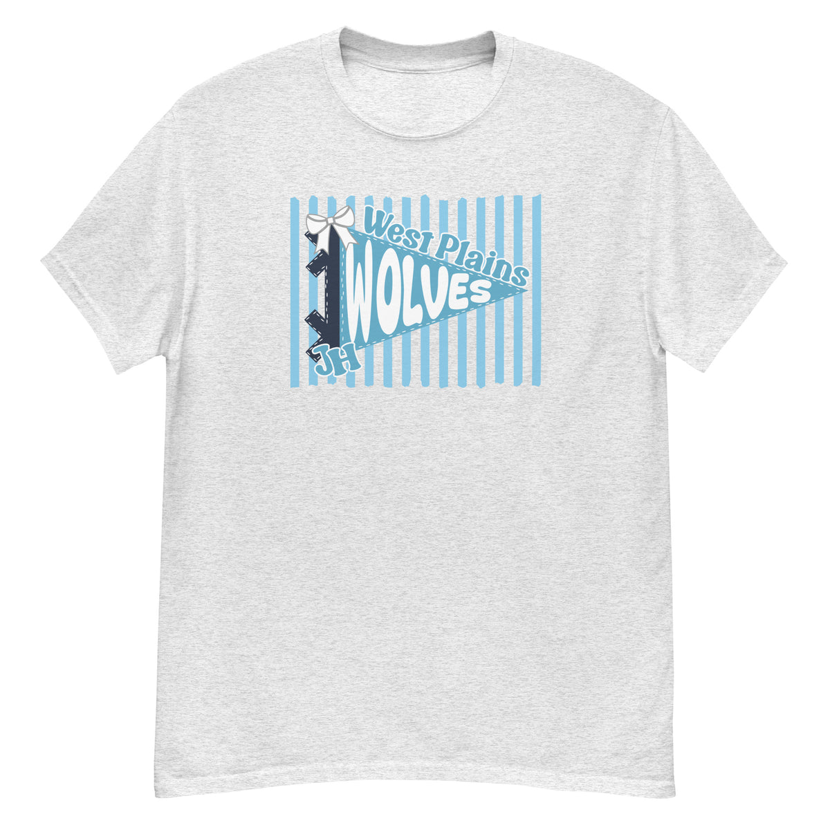 West Plains Junior High Wolves Tee - pennant-style "West Plains" wordmark design - Ash front flat