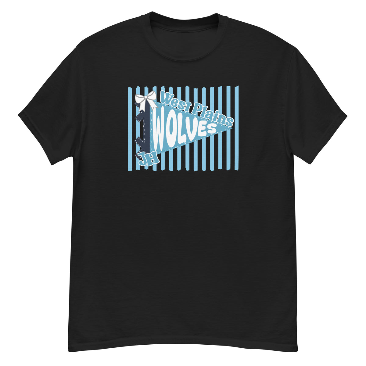West Plains Junior High Wolves Tee - pennant-style "West Plains" wordmark design - Black front flat