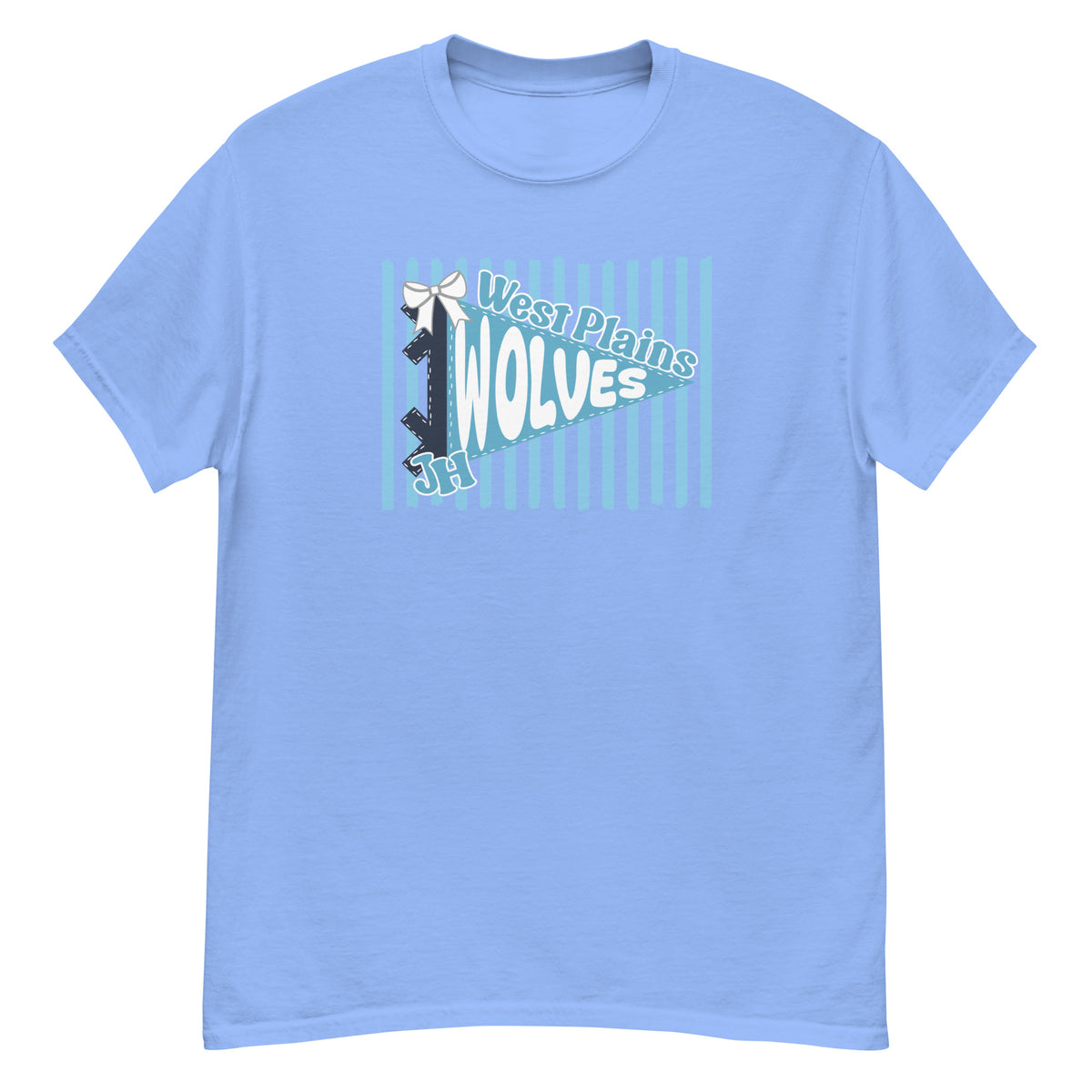 West Plains Junior High Wolves Tee - pennant-style "West Plains" wordmark design - Carolina Blue front flat