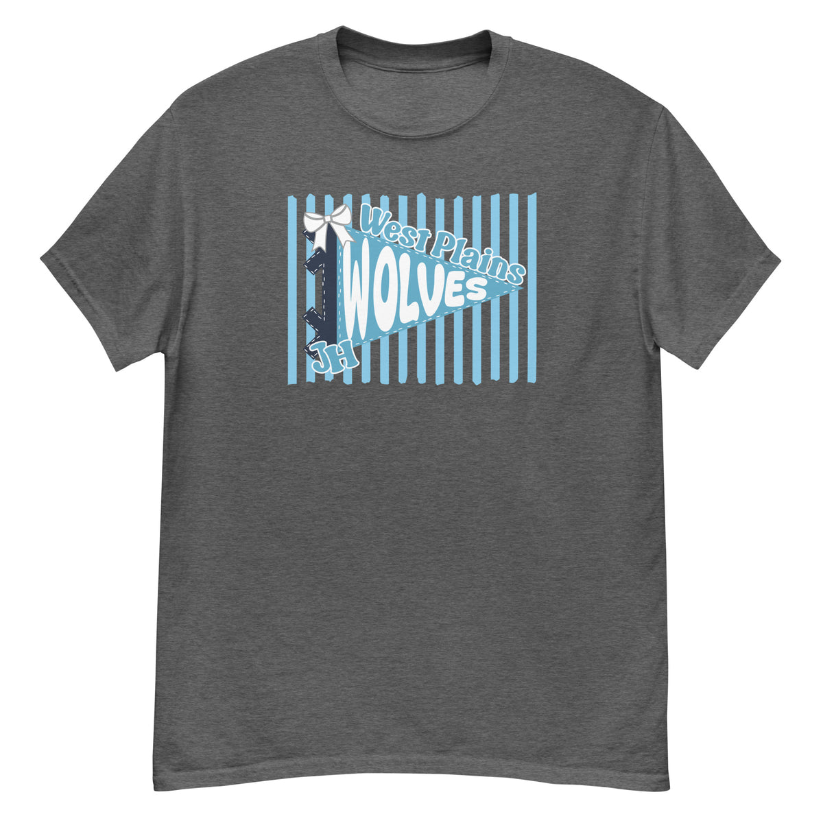West Plains Junior High Wolves Tee - pennant-style "West Plains" wordmark design - Dark Heather front flat