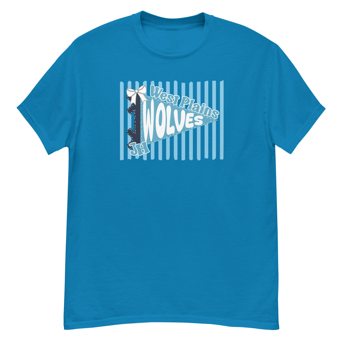 West Plains Junior High Wolves Tee - pennant-style "West Plains" wordmark design - Sapphire front flat