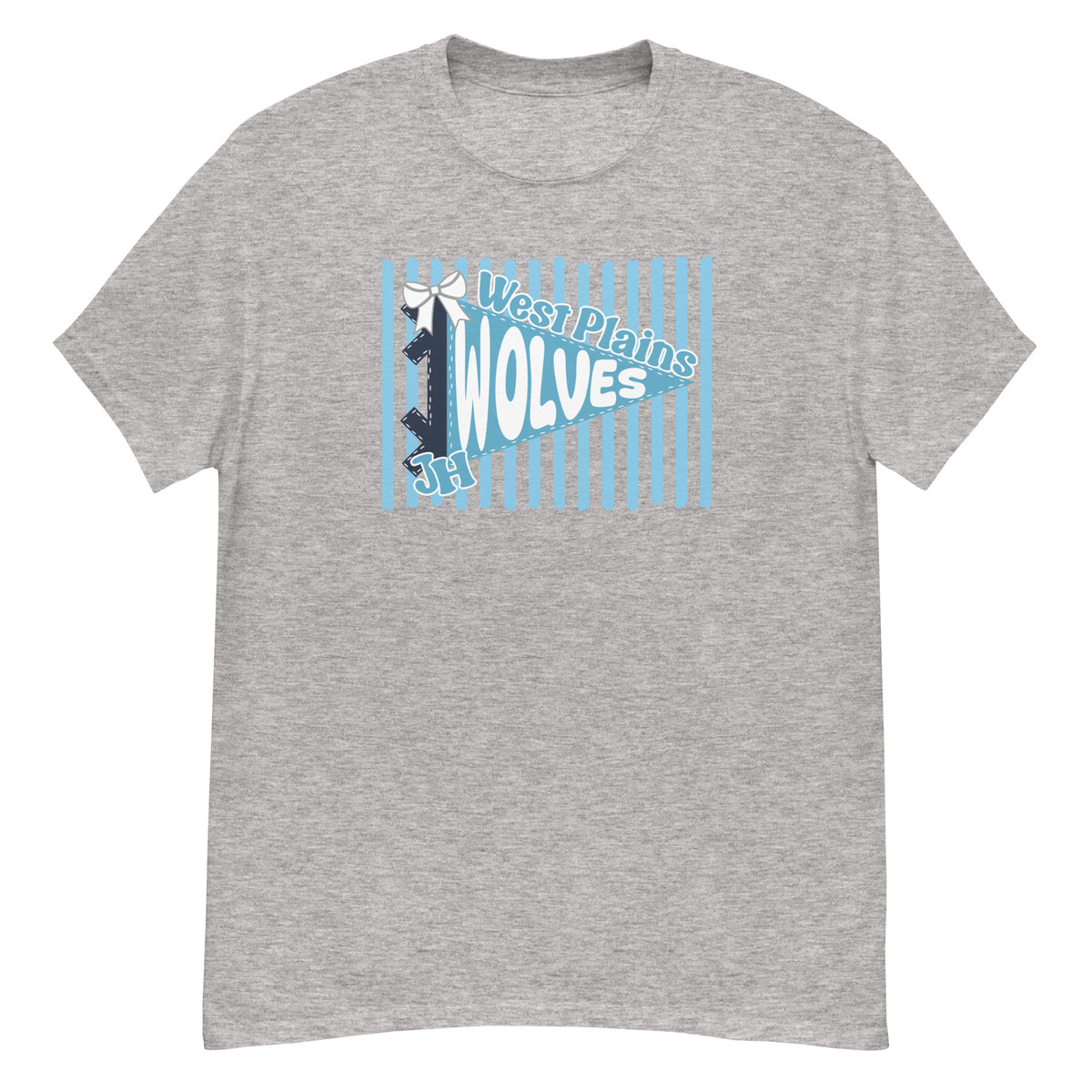 West Plains Junior High Wolves Tee - pennant-style "West Plains" wordmark design - Sport Grey front flat