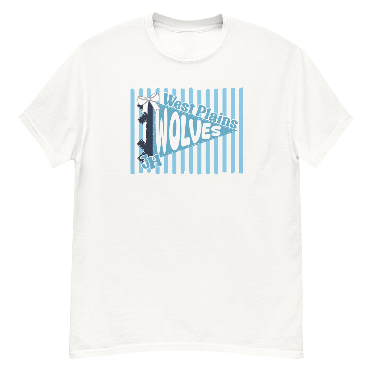 West Plains Junior High Wolves Tee - pennant-style "West Plains" wordmark design - White front flat